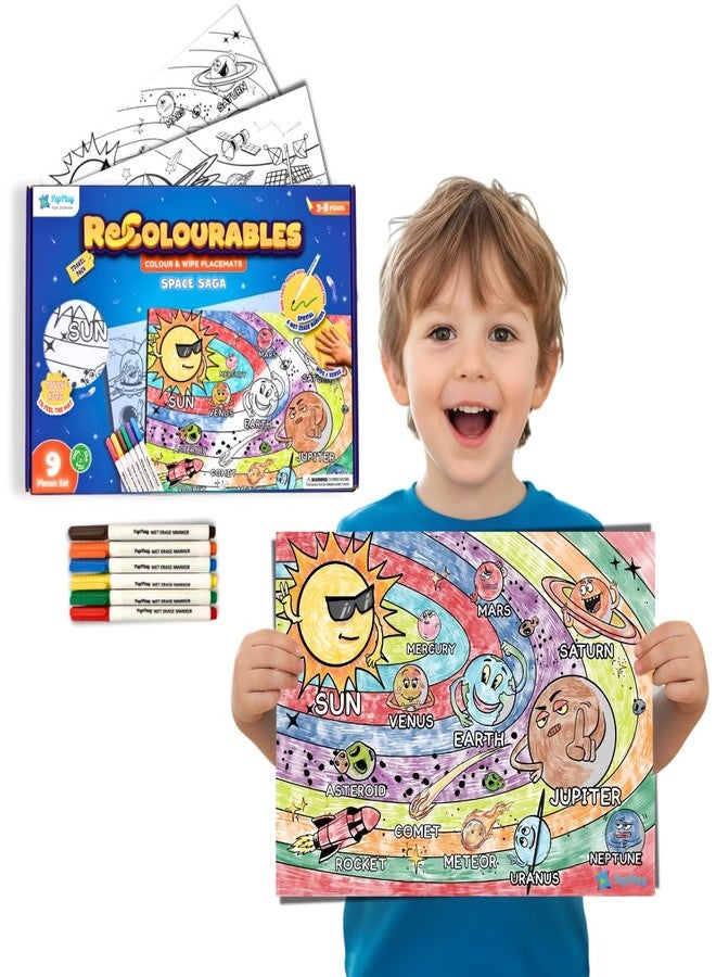 PepPlay Recolourables Doodle Mats - Space Saga, 2 Coloring mats, 6 Quick-Dry, Smudge-Free Markers, Mess-Free, Travel Art Kit for Kids Ages 3, 4, 5, 6, 7 | Space Theme, Christmas Gift for Boys & Girls - Image 1